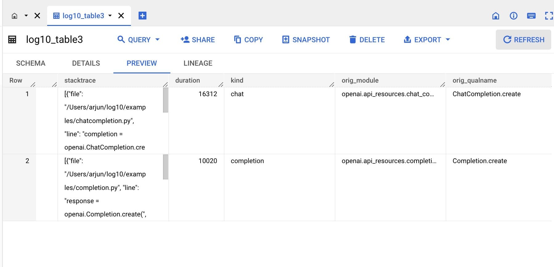 BigQuery logging